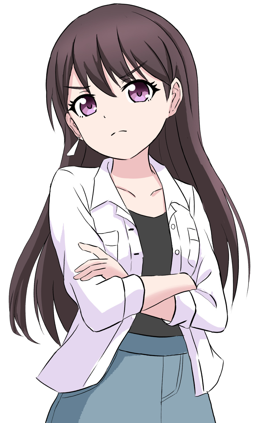 1girl absurdres bang_dream! bang_dream!_it's_mygo!!!!! black_hair black_shirt can't_be_this_cute crossed_arms edo-sensei glaring highres jacket long_hair looking_at_viewer open_clothes open_jacket purple_eyes shiina_taki shirt simple_background white_background white_jacket