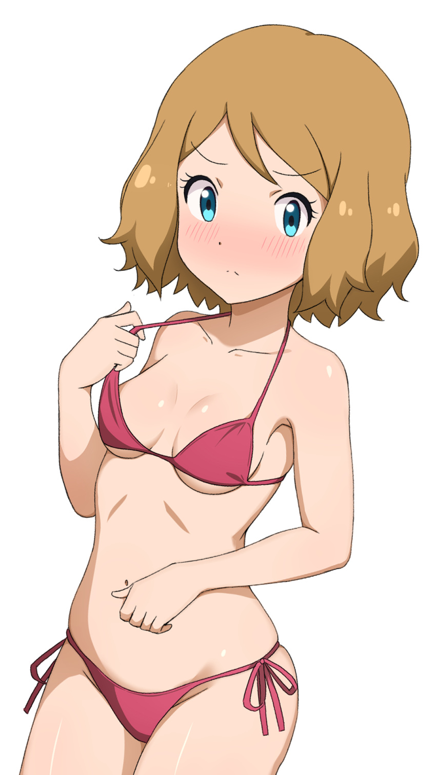 1girl alternate_costume aqua_eyes bikini bikini_tug blonde_hair blush breasts closed_mouth collarbone commentary cowboy_shot eyelashes highres medium_hair mnkr98 navel pokemon pokemon_(anime) pokemon_xy_(anime) serena_(pokemon) shiny_skin side-tie_bikini_bottom simple_background solo split_mouth swimsuit underboob white_background