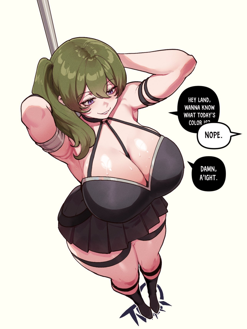 1girl arm_strap armlet armpits arms_up black_dress breasts cleavage commentary dress green_hair grin halter_dress halterneck highres huge_breasts long_hair nyantcha pleated_dress purple_eyes smile solo sousou_no_frieren speech_bubble standing thick_thighs thigh_strap thighs ubel_(sousou_no_frieren)