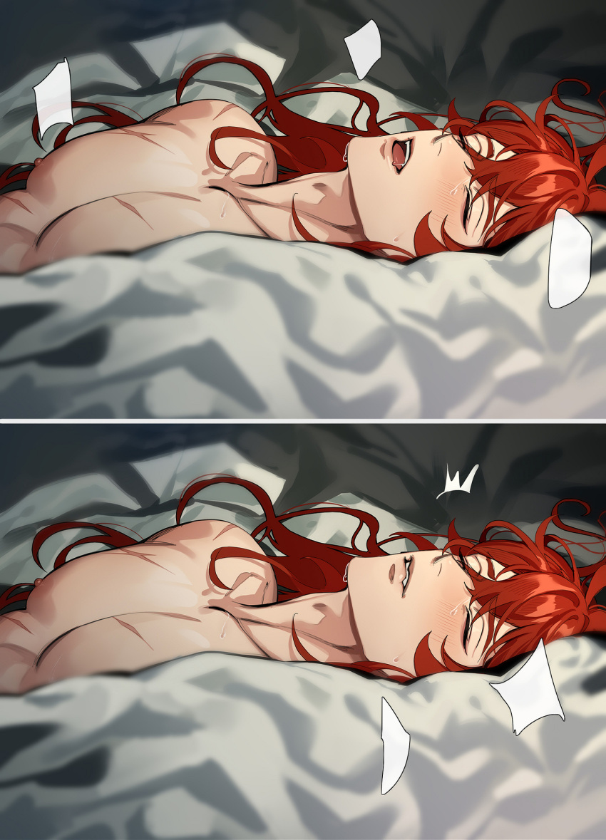 1boy bed_sheet blush closed_eyes diluc_(genshin_impact) eriimyon from_side genshin_impact hair_between_eyes highres long_hair lying male_focus nipples nude on_back parted_lips pectorals red_hair scar scar_on_chest scar_on_face solo sweatdrop teeth upper_teeth_only