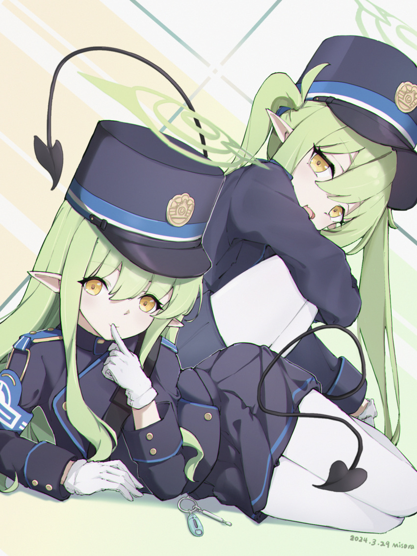 2girls black_dress blue_archive breasts closed_mouth demon_girl demon_tail dijiuchenxi dress gloves green_hair green_halo halo hat highlander_sidelocks_conductor_(blue_archive) highlander_twintails_conductor_(blue_archive) highres knees_up long_hair long_sleeves looking_at_viewer lying multiple_girls on_side open_mouth pantyhose pointy_ears sitting small_breasts smile tail train_conductor twintails white_gloves white_pantyhose yellow_eyes