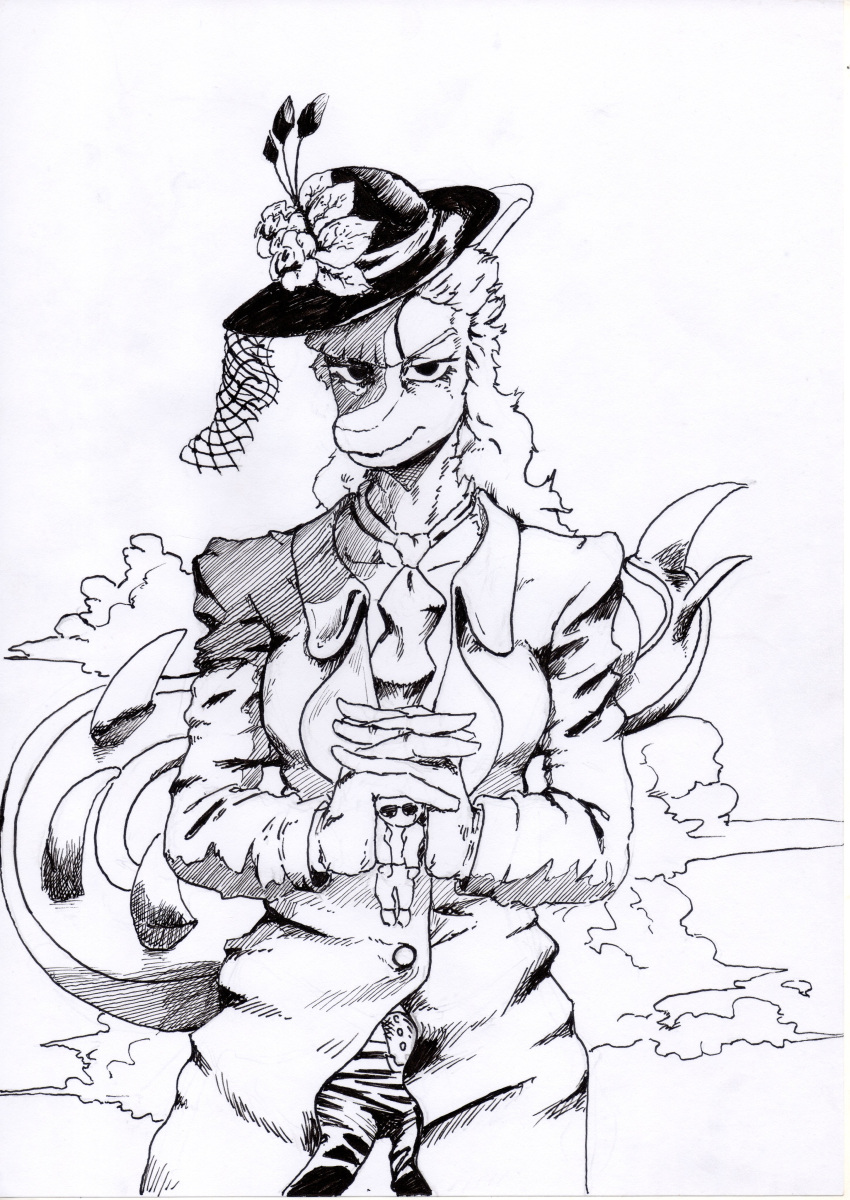 2024 absurd_res alternate_costume anthro black_and_white cavemanon_studios clothing cosplay dinosaur eyelashes eyewear female fingers hadrosaurid hair hat headgear headwear hi_res human i_wani_hug_that_gator inco_(iwhtg) jacket jojo's_bizarre_adventure long_hair long_tail looking_at_viewer mammal mia_moretti monochrome ornithischian ornithopod parasaurolophus reptile scalie shyny48941006 sketch snout solo spiked_tail spikes spikes_(anatomy) sunglasses tail topwear