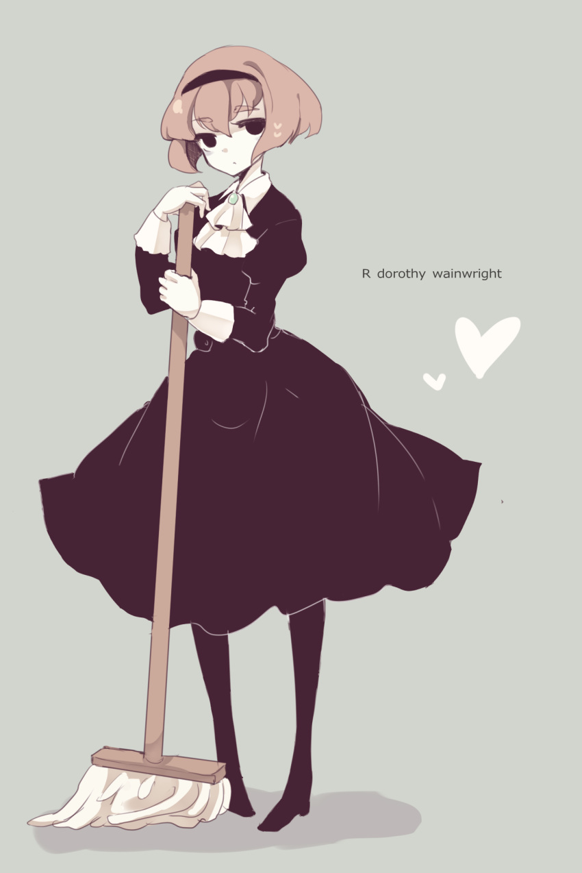 1girl ascot black_dress black_eyes black_hairband broom brown_hair character_name dress full_body grey_background hairband highres holding holding_broom karunabaru looking_at_viewer mop pale_skin r_dorothy_wayneright shadow short_hair simple_background solo the_big_o