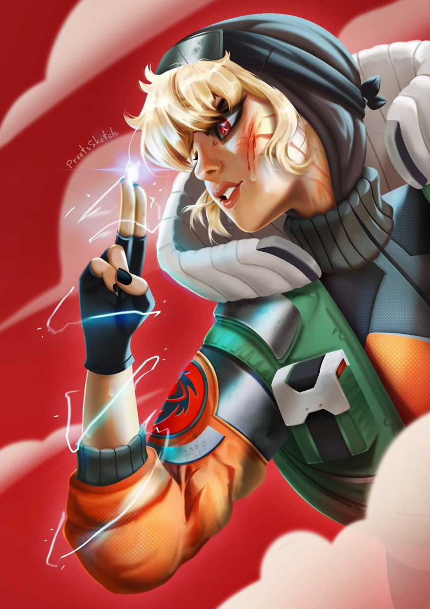 1girl apex_legends artist_name black_eyeshadow black_gloves black_headband black_nails blonde_hair blood blood_on_face cuts electricity english_commentary eyeshadow gloves green_vest headband highres injury kuji-in lightning_spirit_wattson looking_down makeup making-of_available naruto_(series) official_alternate_costume parted_lips preeti red_background shadow sharingan solo v-shaped_eyebrows vest wattson_(apex_legends)