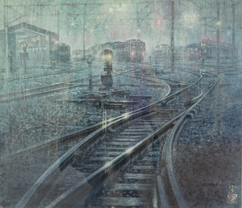 absurdres arakawa_(tokyo) ballast highres night night_sky nihonga no_humans original railroad_tracks rain sky tanamachi_yoshihiro tokyo_(city) train_station water_drop