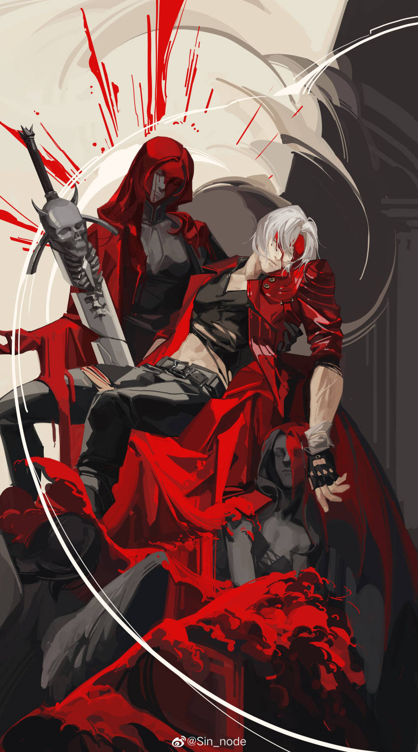 1boy 2girls absurdres black_gloves blood blood_on_face carrying closed_eyes closed_mouth coat dante_(devil_may_cry) devil_may_cry_(series) devil_may_cry_5 eva_(devil_may_cry) fingerless_gloves gloves highres holding lying_on_lap male_focus mother_and_son multiple_girls parody pieta rebellion_(sword) red_coat sin_node sitting trish_(devil_may_cry) white_hair