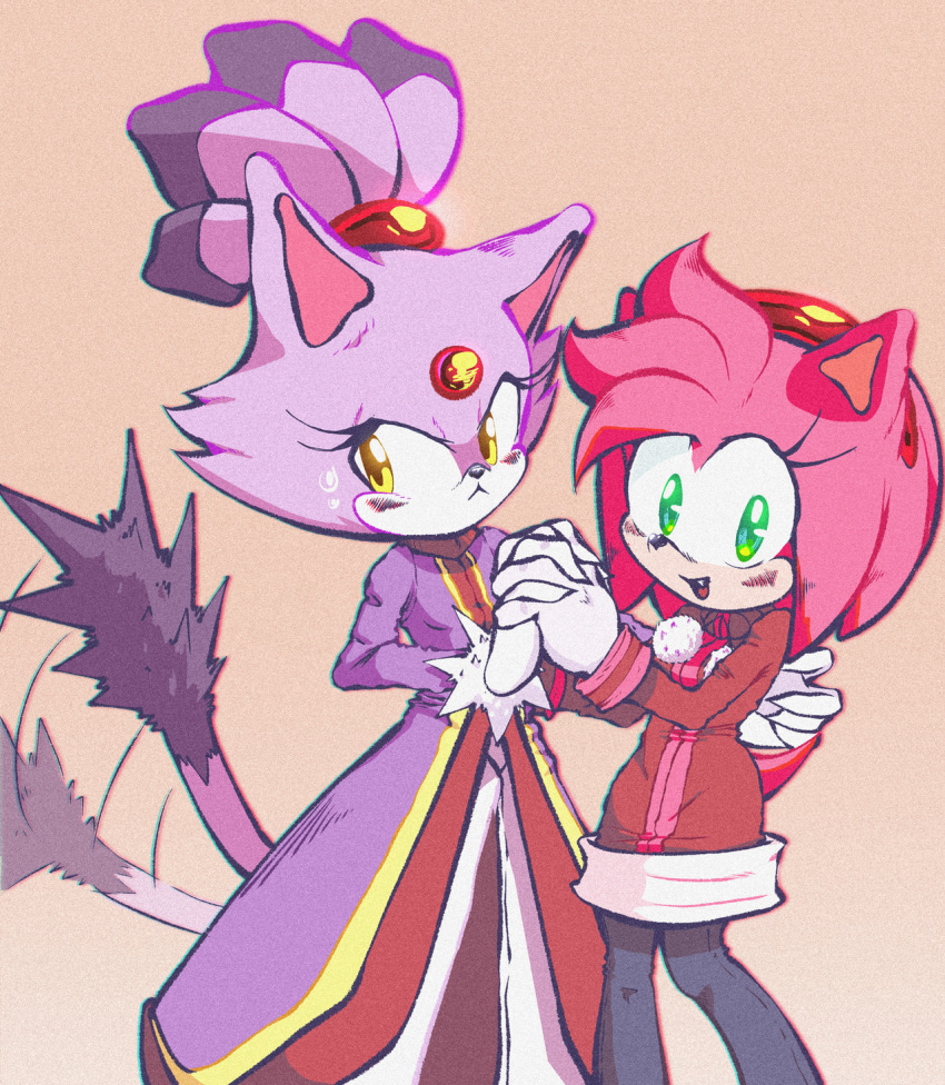 2girls amy_rose animal_ears blaze_the_cat brown_jacket cat_ears cat_girl cat_tail fang forehead_jewel fur-trimmed_footwear fur_trim furry furry_female gloves green_eyes hairband hedgehog_girl highres holding_hands jacket multiple_girls nano_(nanolovesyou) pink_fur purple_fur purple_jacket red_hairband simple_background smile sonic_(series) sweatdrop tail tail_wagging topknot white_gloves yellow_eyes