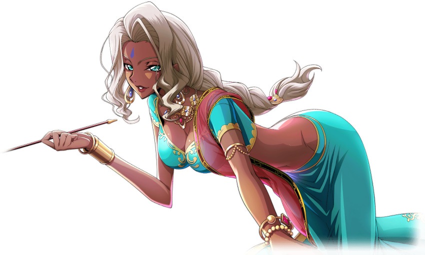 1girl arabian_clothes armlet artist_request bangle blonde_hair blue_eyes blue_gemstone blue_shirt blue_skirt bracelet bracer braid breasts cleavage code_geass code_geass:_lost_stories crop_top cropped_legs dark-skinned_female dark_skin earrings facial_mark forehead forehead_mark game_cg gem gold gold_trim groin half-closed_eyes hand_up happy highres holding holding_smoking_pipe jewelry leaning_forward lipstick long_hair long_skirt looking_at_viewer makeup medium_breasts navel necklace non-web_source official_art parted_lips rakshata_chawla red_gemstone red_lips red_shawl see-through shawl shirt short_sleeves sidelocks simple_background single_braid skirt smile smoking_pipe solo standing stomach teeth transparent_background v-shaped_eyebrows