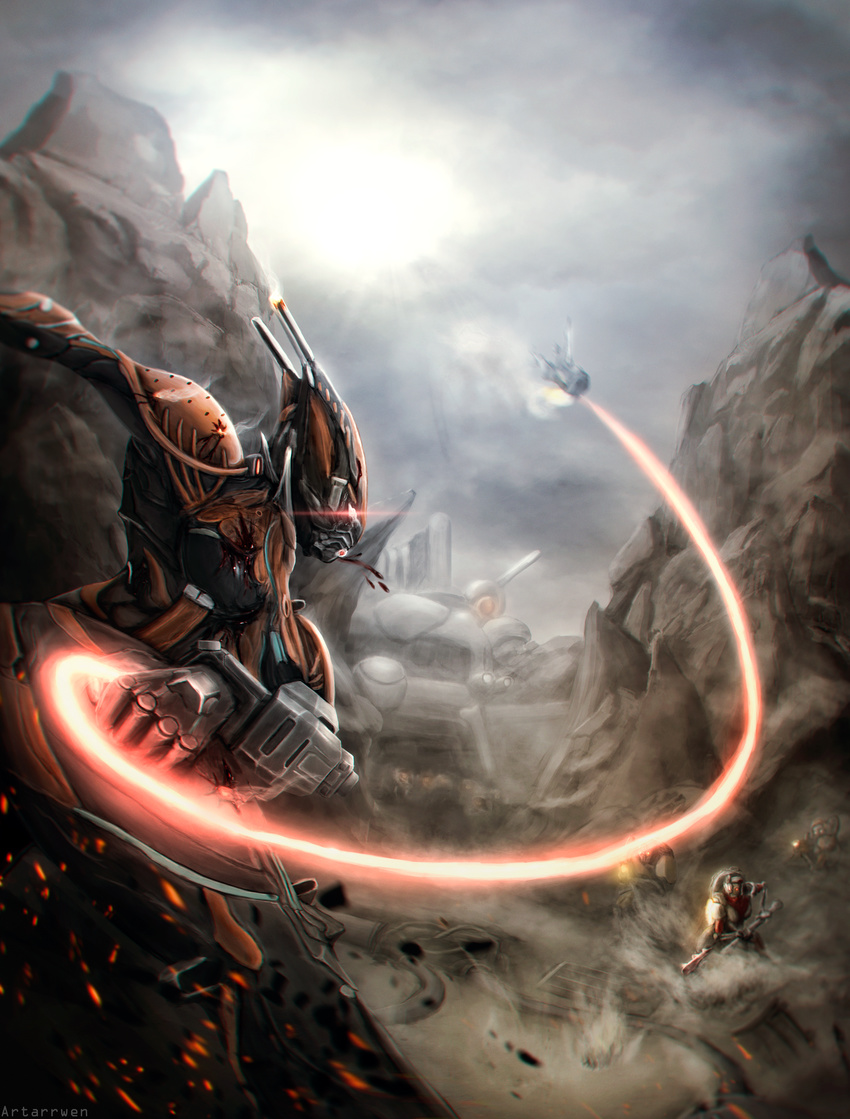 armor artarrwen battle bodysuit clenched_hand dust energy_whip glowing glowing_eyes grineer gun highres outdoors red_eyes sparks staff valkyr_(warframe) warframe weapon