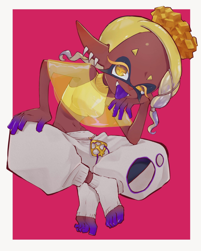 1girl ankle_socks blonde_hair blue_hair border breasts colored_eyelashes colored_tongue commentary_request crop_top crossed_legs dark-skinned_female dark_skin earrings fangs forehead frye_(splatoon) full_body gradient_hair groin hair_ornament hair_tie hand_on_own_leg harem_pants head_on_hand head_rest highres indian_style inkling invisible_chair jewelry long_hair midriff multicolored_hair multiple_earrings navel nose outside_border pants pink_background pointy_ears purple_tongue sabakan13579 see-through_shawl shawl shirt short_eyebrows short_hair sitting socks solo splatoon_(series) splatoon_3 star-shaped_pupils star_(symbol) symbol-shaped_pupils tentacle_hair thick_eyebrows toeless_footwear toes tongue tongue_out tooth_earrings two-tone_hair white_border white_pants white_socks x_hair_ornament yellow_eyes yellow_pupils yellow_shawl yellow_shirt