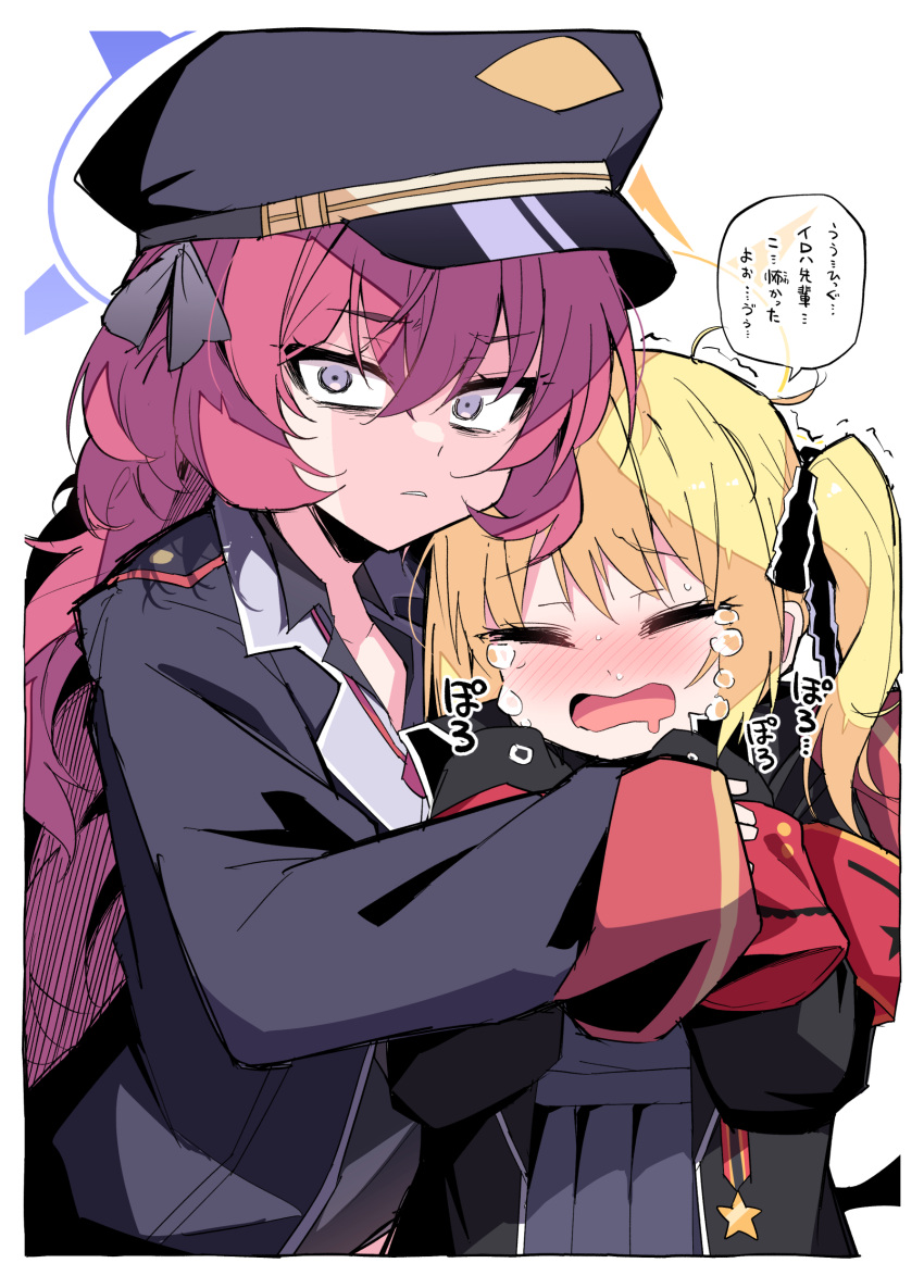 2girls absurdres black_coat black_hat black_skirt black_wings blonde_hair blue_archive blush border closed_eyes coat crying demon_wings dot_nose drooling furrowed_brow grey_eyes hair_between_eyes halo hat height_difference highres himiya_jouzu hug ibuki_(blue_archive) iroha_(blue_archive) long_hair long_sleeves looking_at_viewer multiple_girls nose_blush open_clothes open_coat open_mouth parted_lips peaked_cap pleated_skirt purple_halo red_hair sanpaku simple_background skirt sleeves_past_fingers sleeves_past_wrists speech_bubble standing tears thick_eyebrows translation_request trembling white_background white_border wings yellow_halo