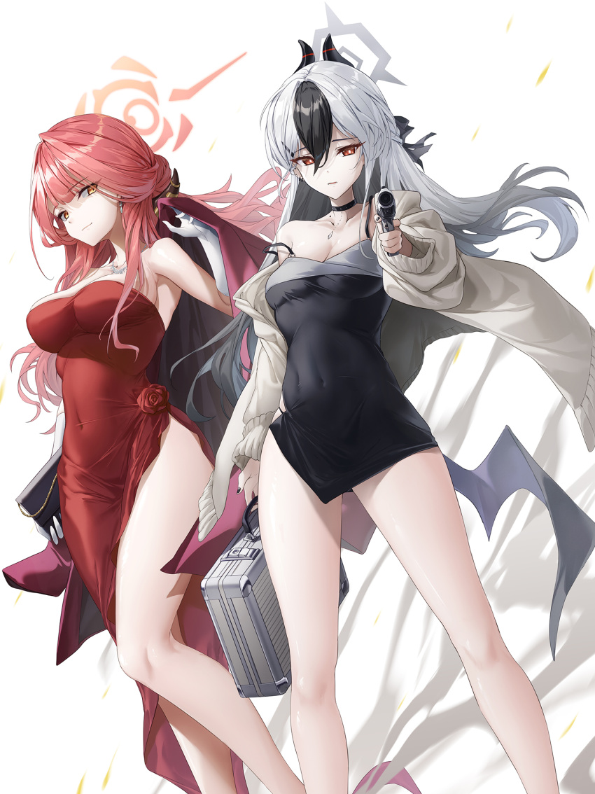 2girls aru_(blue_archive) aru_(dress)_(blue_archive) black_choker black_dress black_hair black_horns black_wings blue_archive breasts brown_horns choker cleavage closed_mouth coat collarbone commentary demon_horns demon_wings dress gloves grey_hair grey_halo grey_jacket gun hair_between_eyes halo highres holding holding_gun holding_weapon horns jacket kayoko_(blue_archive) kayoko_(dress)_(blue_archive) large_breasts long_hair long_sleeves looking_at_viewer medium_breasts multiple_girls official_alternate_costume open_clothes open_jacket open_mouth pink_hair pink_halo red_coat red_dress red_eyes simple_background single_wing weapon white_background white_gloves wings xfate yellow_eyes