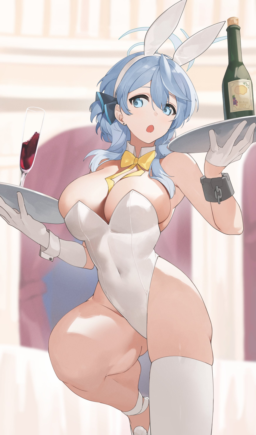 1girl absurdres ako_(blue_archive) alcohol alternate_costume animal_ears ao_tsukushi blue_archive blue_eyes blue_hair blue_halo bow bowtie breasts cameltoe champagne cup drinking_glass halo highres leotard playboy_bunny rabbit_ears short_hair solo white_leotard wine wine_glass yellow_bow yellow_bowtie