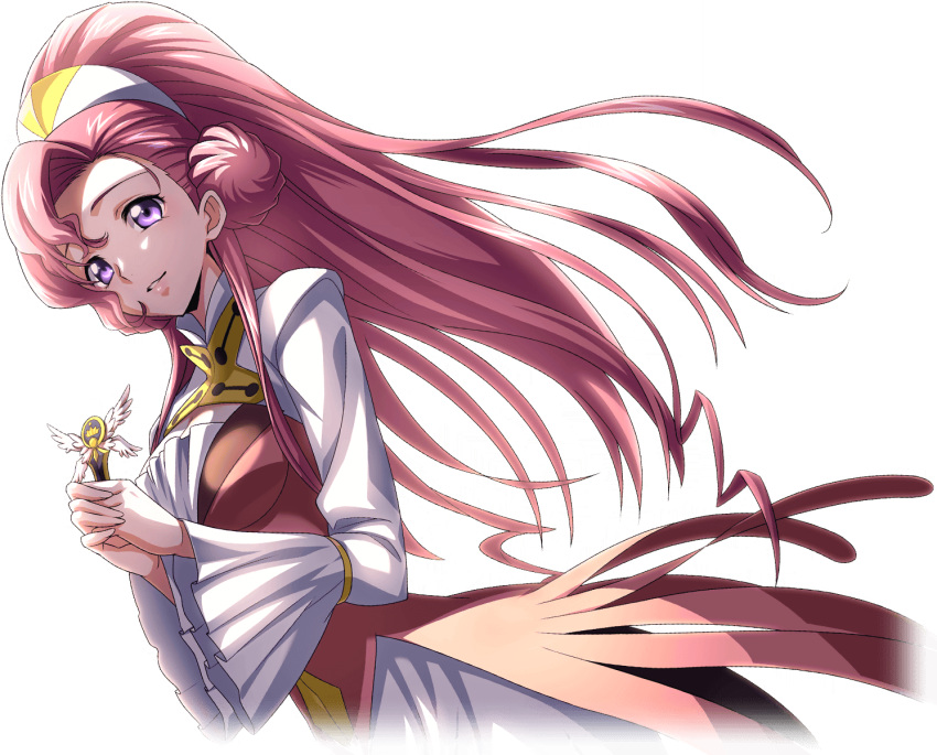 1girl artist_request breasts cleavage cleavage_cutout clothing_cutout code_geass code_geass:_lost_stories dress dutch_angle euphemia_li_britannia game_cg hair_bun hairband hands_up happy highres holding long_hair long_sleeves looking_at_viewer medal medium_breasts non-web_source official_art own_hands_together parted_lips pink_dress pink_hair purple_eyes simple_background smile solo standing teeth transparent_background two-tone_dress very_long_hair white_dress white_hairband wide_sleeves