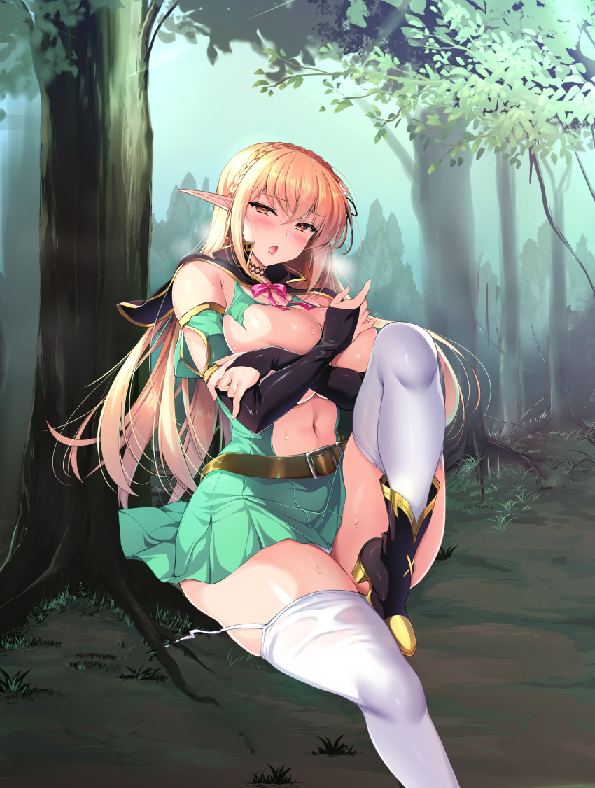 absurdres belt black_capelet black_gloves black_ribbon blonde_hair blush boots bow braid breast_hold breasts brown_belt capelet covering_nipples covering_privates crown_braid detached_sleeves elf forest garter_straps gloves green_skirt heavy_breathing high_heel_boots high_heels highres knee_up long_hair nature ninoko original panties panty_peek pleated_skirt pointy_ears red_bow ribbon sitting skirt sylpha_(ninoko) thighhighs tree underwear wardrobe_malfunction white_panties white_thighhighs yellow_eyes