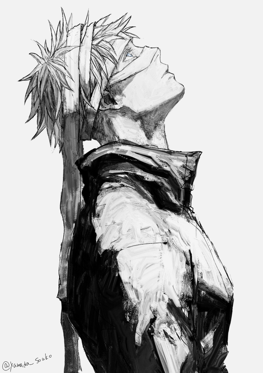 1boy bandages blue_eyes closed_mouth gojou_satoru greyscale highres jacket jujutsu_kaisen kuwoniagyu11112 looking_up male_focus monochrome profile short_hair simple_background solo spot_color twitter_username upper_body