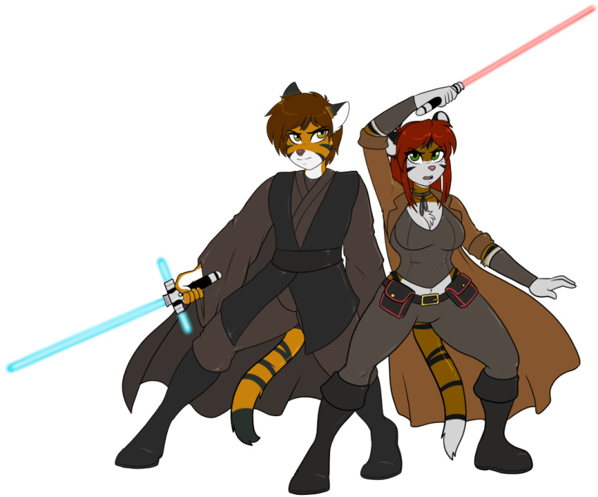 2018 anthro bengal_tiger blue_lightsaber clothed clothing digital_drawing_(artwork) digital_media_(artwork) duo felid feline female fur jacob_craigo jedi katarenia_nomina lightsaber looking_at_viewer male mammal melee_weapon pantherine red_lightsaber siberian_tiger simple_background skidd star_wars stripes tail tiger weapon