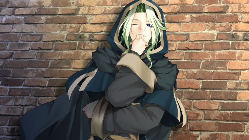 1boy atelier-moo blue_eyes blue_hood brick_wall cloak closed_mouth crossed_arms curtained_hair green_eyes green_hair hand_on_own_chin highres hood hood_up hooded_jacket jacket long_sleeves merak_yildis one_eye_closed solo standing thinking wizards_symphony