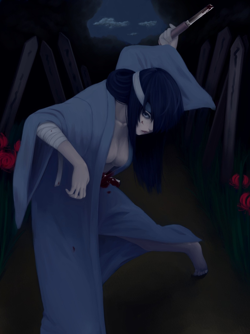 1girl bandaged_arm bandages barefoot black_eyes blue_kimono breasts cleavage collarbone commentary_request headband highres holding holding_knife japanese_clothes kakone kimono knife looking_at_viewer original parted_lips solo sotoba white_headband