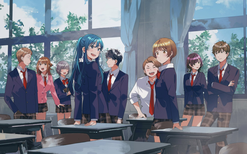 4boys 5girls :d ^_^ against_wall black_eyes black_hair black_jacket blazer blu-ray_cover blue_eyes blue_hair blue_sky blunt_bangs blush book bow bowtie breasts brown_eyes brown_hair brown_pants brown_skirt cardigan chair classroom closed_eyes collarbone collared_shirt commentary_request cover crossed_arms desk dress_shirt eye_contact fly_(marguerite) green_eyes grey_hair hair_bun hand_in_pocket hand_on_table hands_on_table highres hinami_aoi holding holding_book izumi_yuzu jacket jaku-chara_tomozaki-kun kikuchi_fuuka lapels leaning_back long_hair looking_at_another looking_to_the_side medium_breasts medium_hair miniskirt mizusawa_takahiro multiple_boys multiple_girls nakamura_shuuji nanami_minami natsubayashi_hanabi necktie official_art pants pink_cardigan plaid plaid_pants plaid_skirt pleated_skirt ponytail purple_hair red_bow red_bowtie red_necktie sanpaku school_chair school_desk shirt short_hair sidelocks single_side_bun skirt sky smile swept_bangs takei_(jaku-chara_tomozaki-kun) teeth tomozaki_fumiya tree upper_teeth_only v-shaped_eyebrows very_short_hair white_shirt window