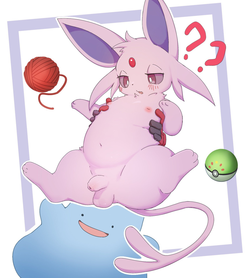 ambiguous_gender balls blue_body blush chest_grab confusion destiny_knot disembodied_hand ditto_(pokemon) eeveelution espeon feral flaccid forked_tail friend_ball fur generation_1_pokemon generation_2_pokemon genitals hi_res humanoid_genitalia humanoid_penis looking_down male male/ambiguous navel navi_(artist) nintendo nipples paws penis pink_body pink_fur pokeball pokemon pokemon_(species) shiny_pokemon simple_background slightly_chubby slightly_chubby_feral slightly_chubby_male smile spread_legs spreading tail unusual_anatomy unusual_tail