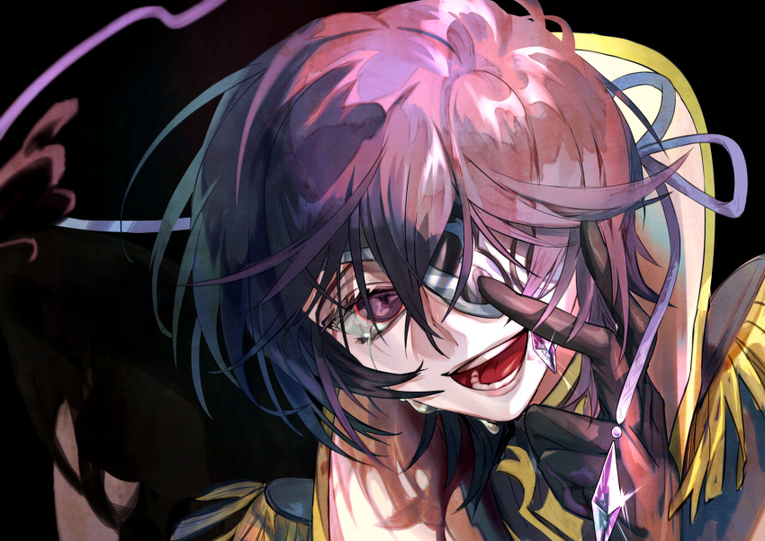 1boy bandages bishounen black_background black_gloves code_geass code_geass:_boukoku_no_akito commentary_request crying crying_with_eyes_open czen eyelashes eyepatch gloves hair_between_eyes high_collar highres julius_kingsley male_focus messy_hair open_mouth pink_lips portrait purple_eyes purple_hair short_hair solo sparkle swept_bangs tears teeth
