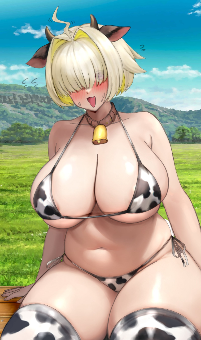 1girl absurdres animal_ears animal_print bell bikini blonde_hair breasts cow_ears cow_horns cow_print cow_print_bikini cow_print_thighhighs cowbell elegg_(nikke) embarrassed goddess_of_victory:_nikke hair_over_eyes highres horns large_breasts plump print_bikini print_thighhighs raskasar short_hair swimsuit thick_thighs thighhighs thighs