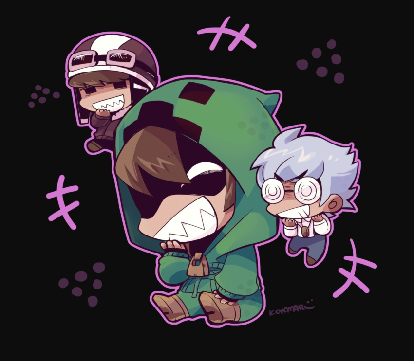 3boys black_background black_eyes black_gloves brown_footwear chibi chibi_only cino_gauner coke-bottle_glasses evil_grin evil_smile fingerless_gloves full_body glasses gloves goggles goggles_on_headwear green_jumpsuit grey_hair grin helmet highres hood hood_up jumpsuit kotorai laughing long_sleeves male_focus marumaru_no_shuyaku_wa_wareware_da! multiple_boys no_nose purple_outline shaded_face shirt shoppi signature sitting smile white_shirt zipper_pull_tab zom