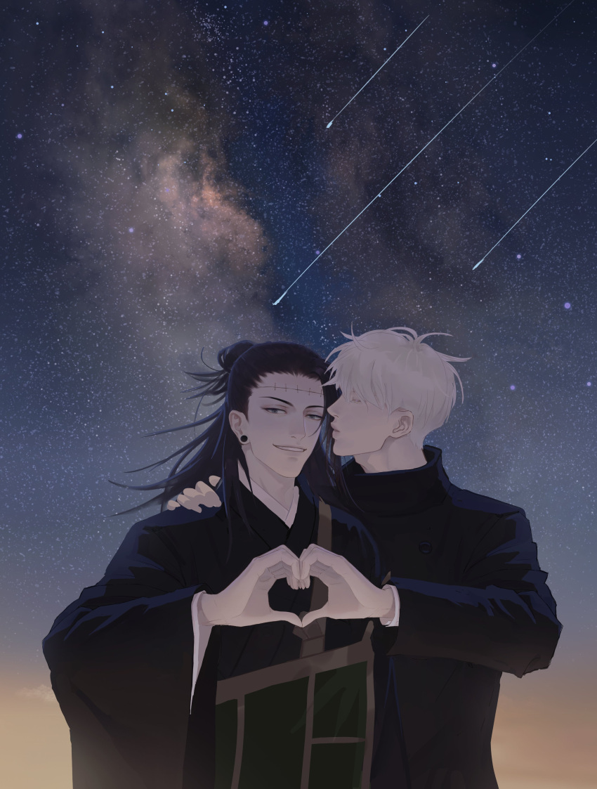 2boys absurdres black_hair black_jacket black_kimono closed_eyes commentary_request getou_suguru getou_suguru_(kenjaku) gojou_satoru hair_bun heart heart_hands heart_hands_duo high_collar highres jacket japanese_clothes jujutsu_kaisen kesa kimono lips long_hair looking_at_viewer male_focus multiple_boys outdoors piercing plug_(piercing) short_hair single_hair_bun smile star_(sky) stitches teeth white_hair wide_sleeves y06407694 yaoi