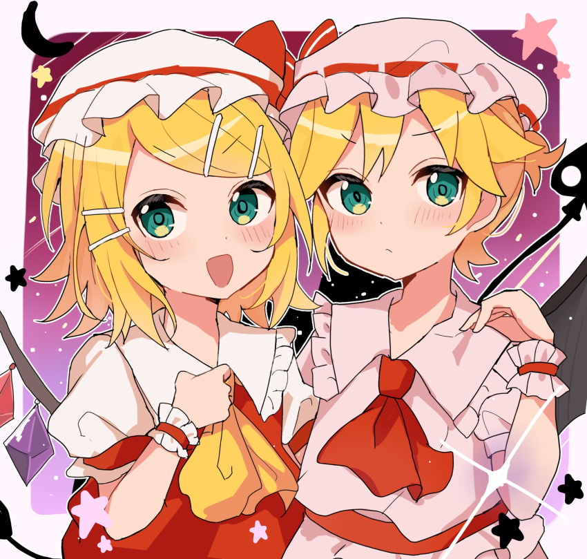 1boy 1girl :/ black_background blonde_hair blush border closed_mouth collared_shirt cosplay crystal dani06685637224 flandre_scarlet flandre_scarlet_(cosplay) gradient_background green_eyes hat hat_ribbon highres kagamine_len kagamine_rin mob_cap night night_sky open_mouth outside_border puffy_short_sleeves puffy_sleeves purple_background red_background red_ribbon remilia_scarlet remilia_scarlet_(cosplay) ribbon shirt short_hair short_sleeves sky star_(sky) star_(symbol) touhou vocaloid white_border white_shirt