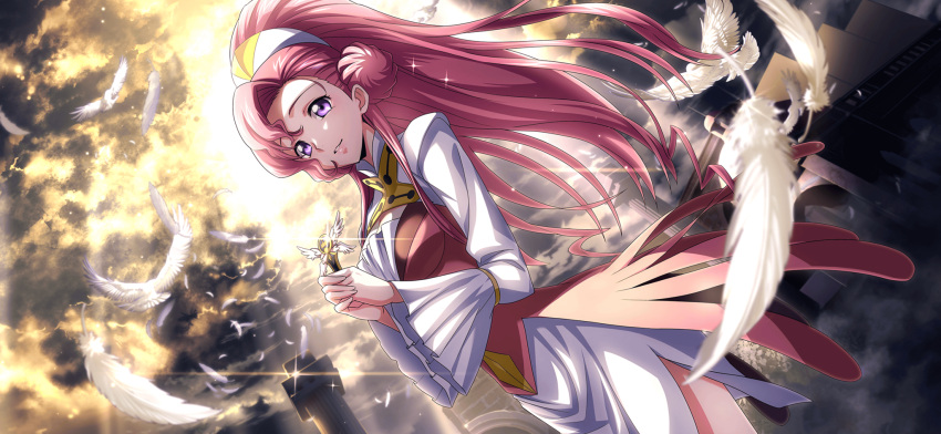 1girl artist_request bird blurry blurry_foreground breasts cleavage cleavage_cutout clothing_cutout cloud cloudy_sky code_geass code_geass:_lost_stories cowboy_shot day diffraction_spikes dove dress dutch_angle euphemia_li_britannia feathers game_cg glint hair_bun hairband hands_up happy highres holding light_rays long_hair long_sleeves looking_at_viewer medal medium_breasts non-web_source official_art outdoors own_hands_together parted_lips pillar pink_dress pink_hair purple_eyes side_slit sky smile solo standing sunlight teeth two-tone_dress very_long_hair white_dress white_feathers white_hairband wide_sleeves yellow_sky