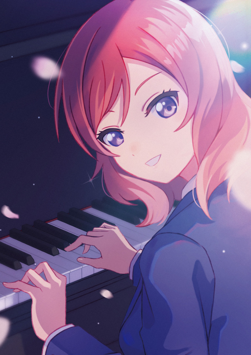 1girl blue_jacket commentary_request falling_petals from_behind highres instrument jacket lens_flare long_sleeves looking_at_viewer love_live! love_live!_school_idol_project macken music nishikino_maki otonokizaka_school_uniform petals piano playing_instrument purple_eyes red_hair school_uniform short_hair smile solo upper_body winter_uniform