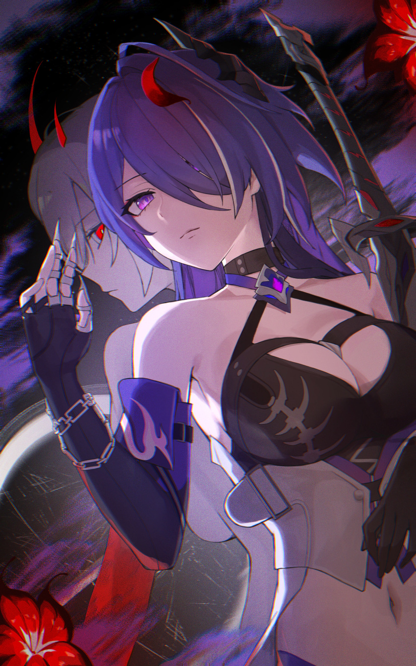 2girls absurdres acheron_(honkai:_star_rail) bare_shoulders black_choker breasts choker cleavage commentary dual_persona flower grey_hair hair_over_one_eye highres honkai:_star_rail honkai_(series) large_breasts long_hair midriff multicolored_hair multiple_girls navel pomerui purple_eyes purple_hair red_flower revision stomach streaked_hair upper_body