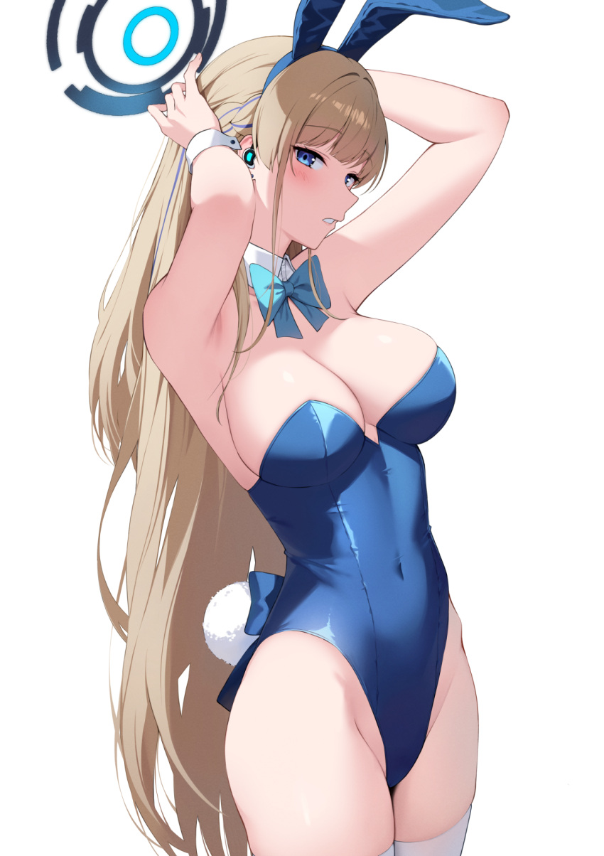 1girl adjusting_hair animal_ears arms_up bare_arms bare_shoulders blonde_hair blue_archive blue_bow blue_bowtie blue_eyes blue_hair blue_hairband blue_halo blue_leotard blunt_bangs blush bow bowtie braid breasts closed_mouth commentary covered_navel cowboy_shot detached_collar earpiece earrings fake_animal_ears fake_tail french_braid groin hairband halo highleg highleg_leotard highres jewelry large_breasts leotard long_hair looking_at_viewer looking_to_the_side multicolored_hair official_alternate_costume parted_lips playboy_bunny rabbit_ears rabbit_tail sidelocks sideways_glance simple_background solo standing strapless strapless_leotard streaked_hair stud_earrings tail thighhighs toki_(blue_archive) toki_(bunny)_(blue_archive) two-tone_hair very_long_hair white_background white_thighhighs wrist_cuffs ziroqon