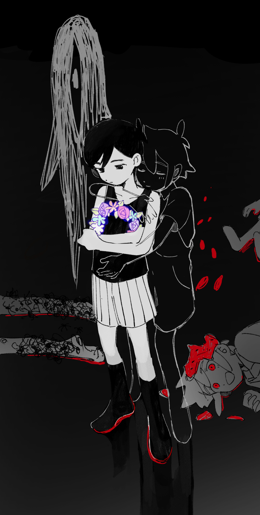 2boys absurdres bare_arms basil_(headspace)_(omori) basil_(omori) black_background black_eyes black_hair black_socks black_tank_top closed_eyes collarbone colored_skin commentary crossed_arms dual_persona english_commentary expressionless flower_wreath full_body highres holding holding_wreath hollow_body hug hug_from_behind kneehighs limited_palette male_focus mdmdmdmd23eng multiple_boys omori omori_(omori) outline short_hair shorts socks something_(omori) squiggle standing striped_clothes striped_shorts tank_top transparent white_outline white_shorts white_skin