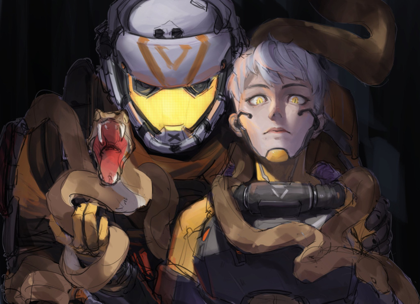 1boy 1girl animal apex_legends armor assault_visor bodysuit bohe-menthe breastplate earpiece fangs father_and_daughter frown gloves grey_hair helmet highres holding holding_animal looking_at_viewer name_connection nose object_namesake open_mouth orange_bodysuit orange_gloves short_hair sketch slit_pupils snake straight-on time_paradox titanfall_(series) titanfall_2 valkyrie_(apex_legends) viper_(titanfall_2)