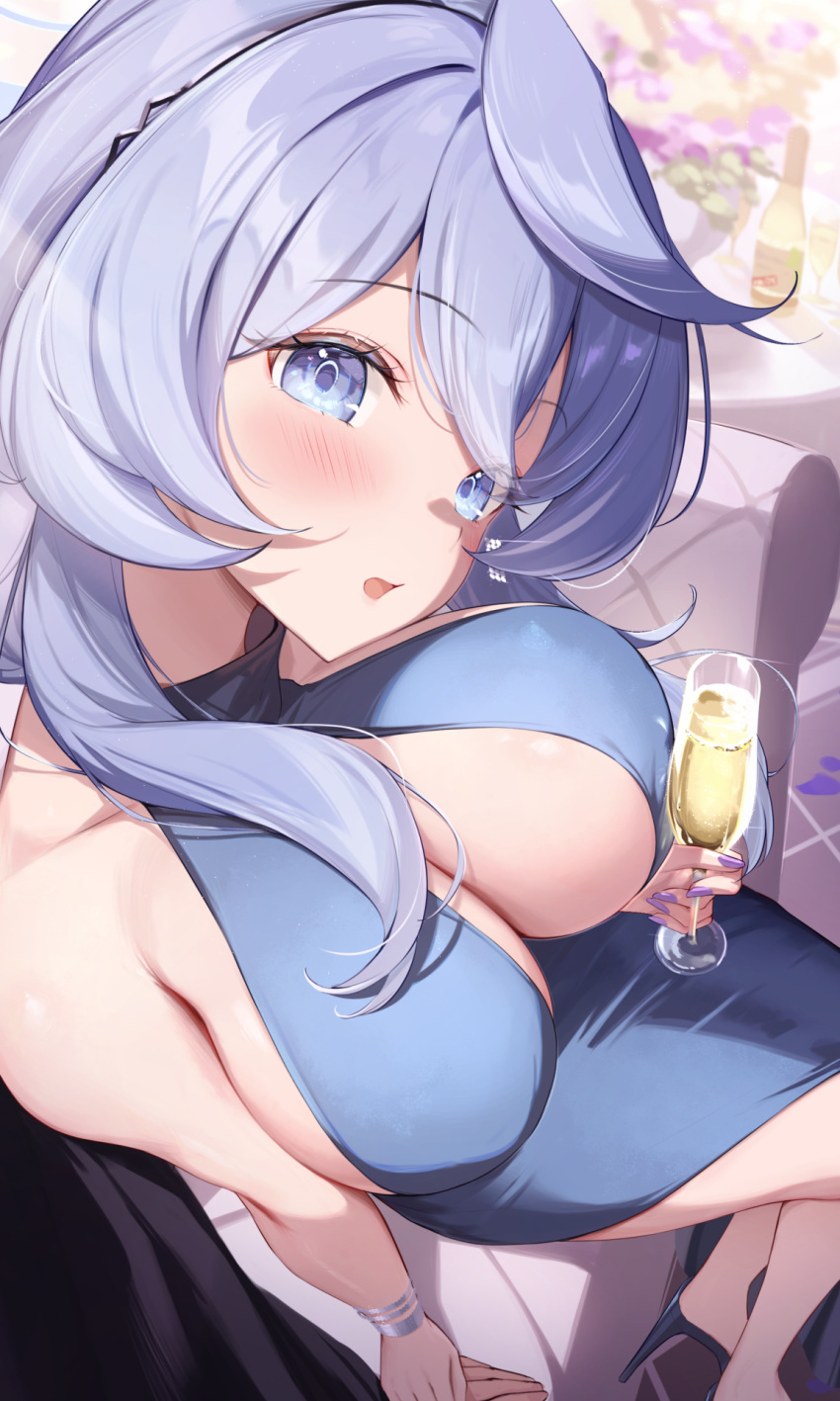 1girl ako_(blue_archive) ako_(dress)_(blue_archive) alcohol blue_archive blue_dress blue_eyes blue_hair blush breasts champagne champagne_bottle champagne_flute commentary_request cup dress drinking_glass highres large_breasts looking_at_viewer medium_hair official_alternate_costume saboten_mushi sideless_dress sideless_outfit sitting sleeveless sleeveless_dress solo thighs