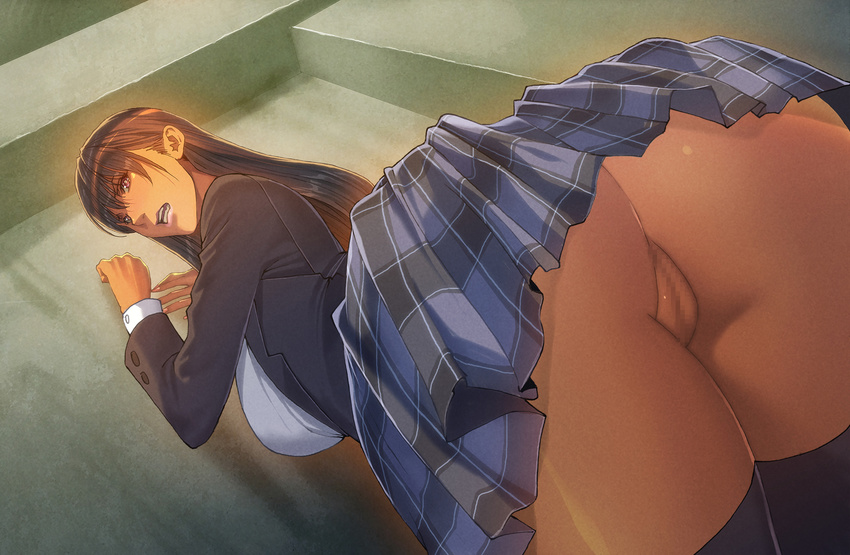 1girl against_wall ass bent_over breasts brown_hair censored from_behind highres homare_(fool's_art) huge_ass large_breasts long_hair looking_back no_panties pussy school_uniform solo wide_hips