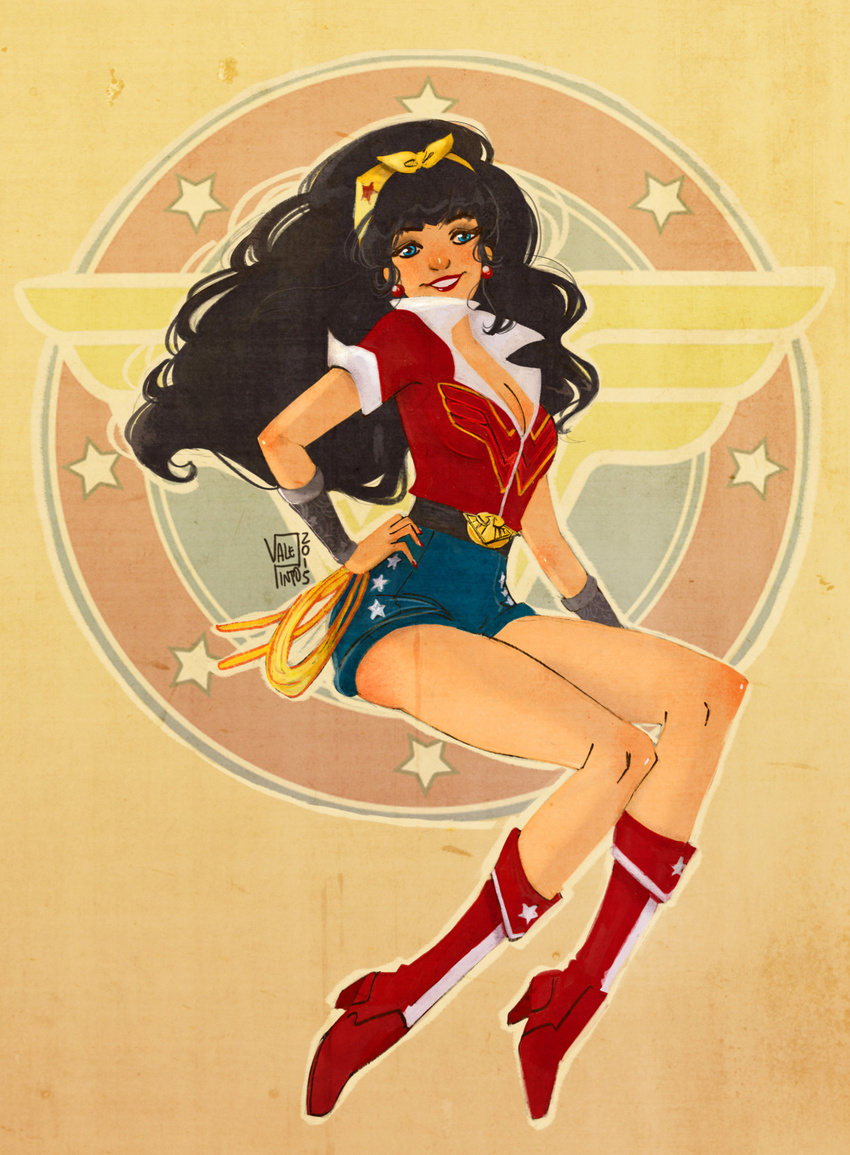 1girl bandanna blue_eyes bombshells boots dc_comics earrings hand_on_hip lasso shorts sitting smile solo wonder_woman wonder_woman_(series)