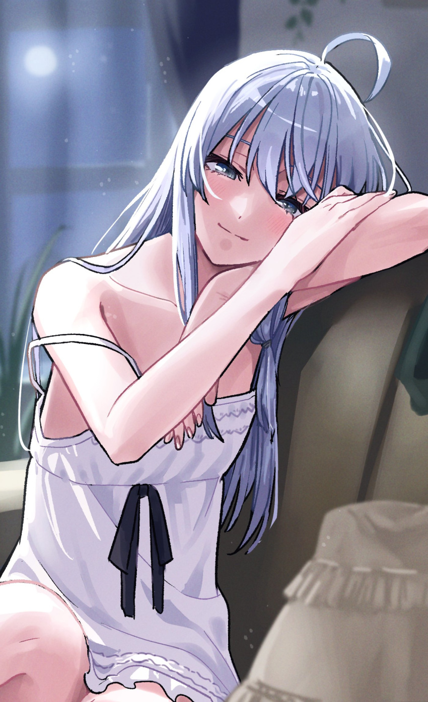 ahoge arm_support bedroom black_ribbon blush covered_nipples covering_breasts covering_privates dress elaina_(majo_no_tabitabi) flat_chest grey_hair half-closed_eyes head_on_arm head_on_own_shoulder highres leaning_on_object long_hair looking_at_viewer majo_no_tabitabi nigatsumikka nightgown ribbon sleepwear spaghetti_strap squinting strap_slip thighs thighs_together white_dress white_nightgown