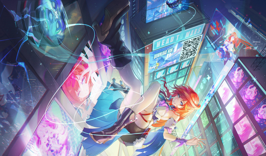 1girl :d absurdres black_footwear black_shorts blue_eyes boots commentary detached_sleeves grin highres honkai_(series) honkai_impact_3rd looking_at_viewer multicolored_eyes multicolored_hair pink_pupils red_hair revision senadina_(honkai_impact) shorts smile solo teeth thighhighs turbulence white_thighhighs yo-yo