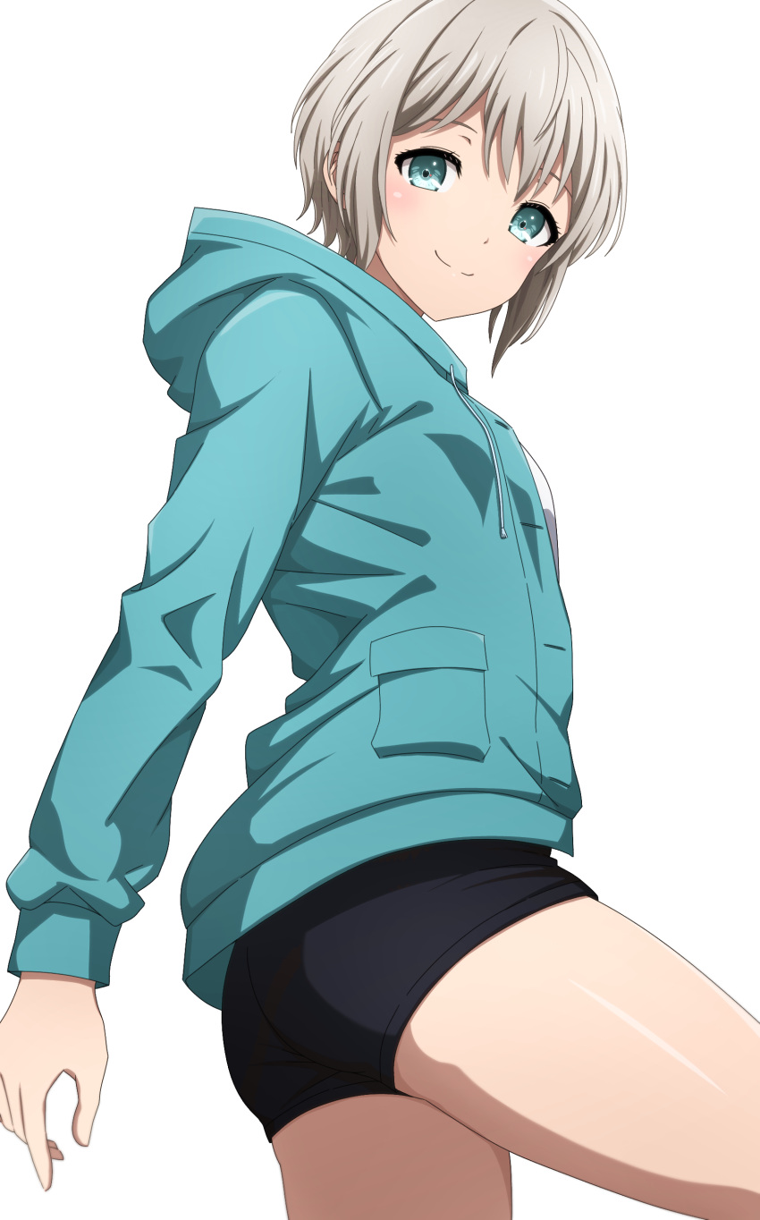 1girl absurdres aoba_moca aqua_eyes aqua_jacket ass bang_dream! black_shorts closed_mouth commentary_request cowboy_shot drawstring from_side grey_hair highres hood hood_down hooded_jacket jacket light_blush long_sleeves looking_at_viewer looking_to_the_side noshimurin open_clothes open_jacket pocket shirt short_hair short_shorts shorts simple_background solo standing white_background white_shirt