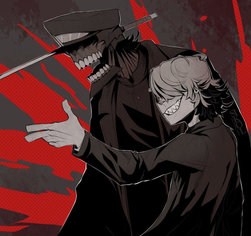 2boys black_hat black_suit chainsaw_man coat delinquent finger_gun hair_over_eyes hat highres jacket katana katana_man_(chainsaw_man) military_hat multicolored_background multiple_boys nail nail_fiend_(chainsaw_man) sharp_teeth sikolbluecat suit sword teeth transformation trench_coat weapon