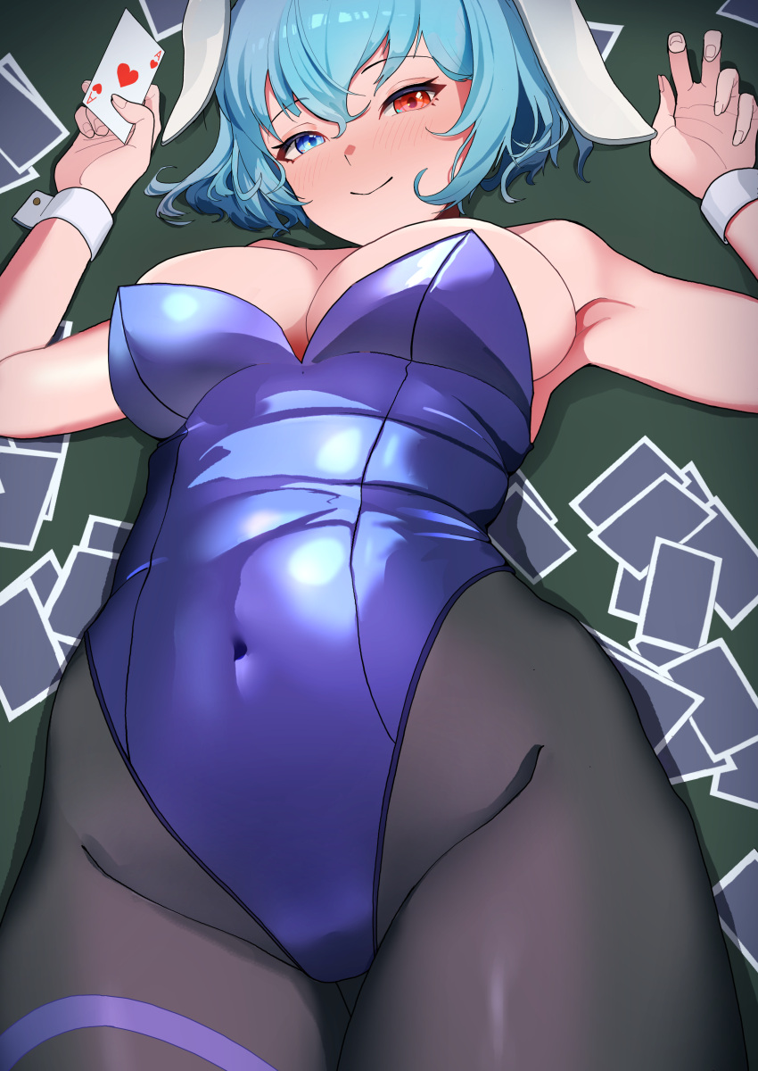 1girl absurdres animal_ears armpits black_pantyhose blue_eyes blue_hair blue_leotard blush breasts card closed_mouth covered_navel cowboy_shot fake_animal_ears fingernails groin heterochromia highres holding holding_card large_breasts leotard looking_at_viewer lying on_back pantyhose rabbit_ears red_eyes short_hair smile solo strapless strapless_leotard tatara_kogasa touhou urizaku3 wrist_cuffs