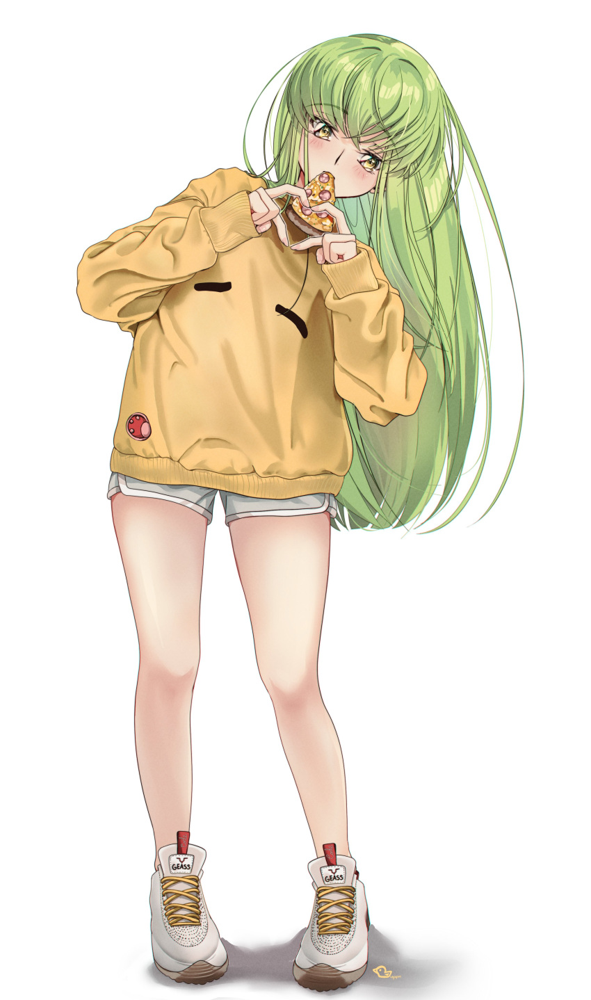 1girl absurdres alternate_costume blush budgiepon c.c. casual code_geass commentary crossed_bangs dolphin_shorts eating eyes_visible_through_hair fingernails food food_in_mouth full_body green_hair grey_shorts hair_between_eyes hands_up highres holding holding_food holding_pizza legs long_hair looking_at_viewer pizza pizza_slice shoes shorts signature simple_background sleeves_past_wrists sneakers solo standing straight_hair sweater symbol-only_commentary thighs very_long_hair white_background white_footwear yellow_eyes yellow_sweater