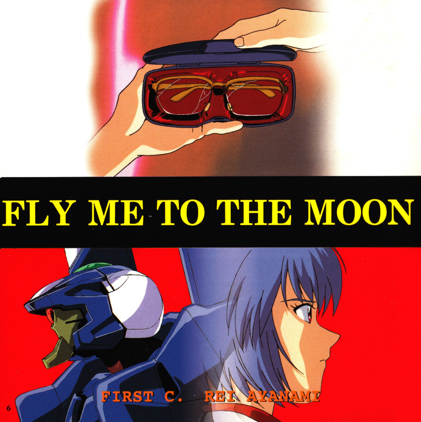 absurdres album_cover ayanami_rei blue_hair closed_mouth cover cyclops eva_00 glasses highres holding holding_removed_eyewear mecha neon_genesis_evangelion official_art one-eyed red_background red_eyes robot short_hair simple_background unworn_eyewear