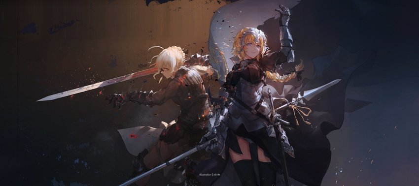 armor armored_dress artoria_pendragon_(all) ass_visible_through_thighs blonde_hair braid broken_mask dark_excalibur excalibur fate/apocrypha fate/stay_night fate_(series) fighting_stance flag gauntlets hair_ribbon hand_up highres holding holding_sword holding_weapon jeanne_d'arc_(fate) jeanne_d'arc_(fate)_(all) looking_at_viewer mivit multiple_girls panties pantyshot polearm pose ribbon saber_alter single_braid skirt sword thighhighs tress_ribbon underwear upskirt weapon white_panties yellow_eyes zettai_ryouiki