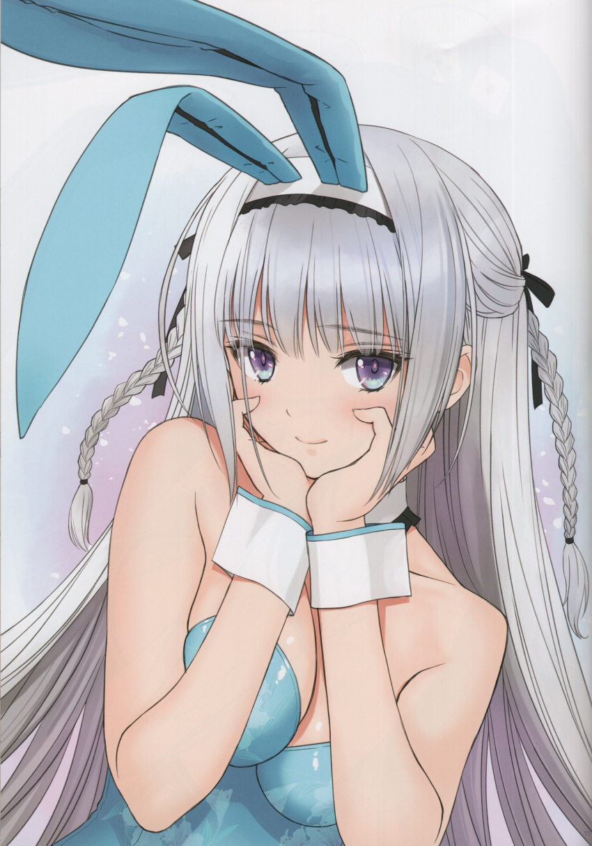 1girl absurdres animal_ears bare_shoulders blue_eyes blush braid breasts cleavage closed_mouth collarbone fake_animal_ears grey_hair highres long_hair looking_at_viewer medium_breasts original scan simple_background smile solo strapless tony_taka upper_body wrist_cuffs