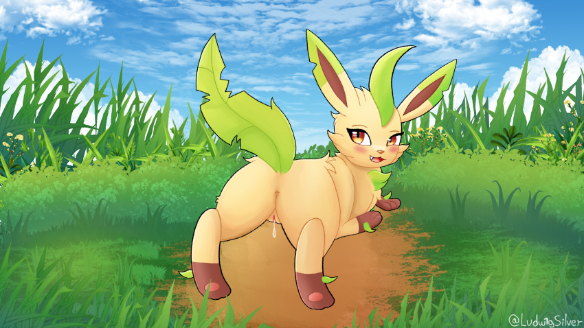 16:9 bodily_fluids eeveelution female feral generation_4_pokemon genital_fluids genitals hi_res leafeon looking_at_viewer looking_back looking_pleasured ludwigsilver nintendo plant pokemon pokemon_(species) pussy solo vaginal_fluids widescreen