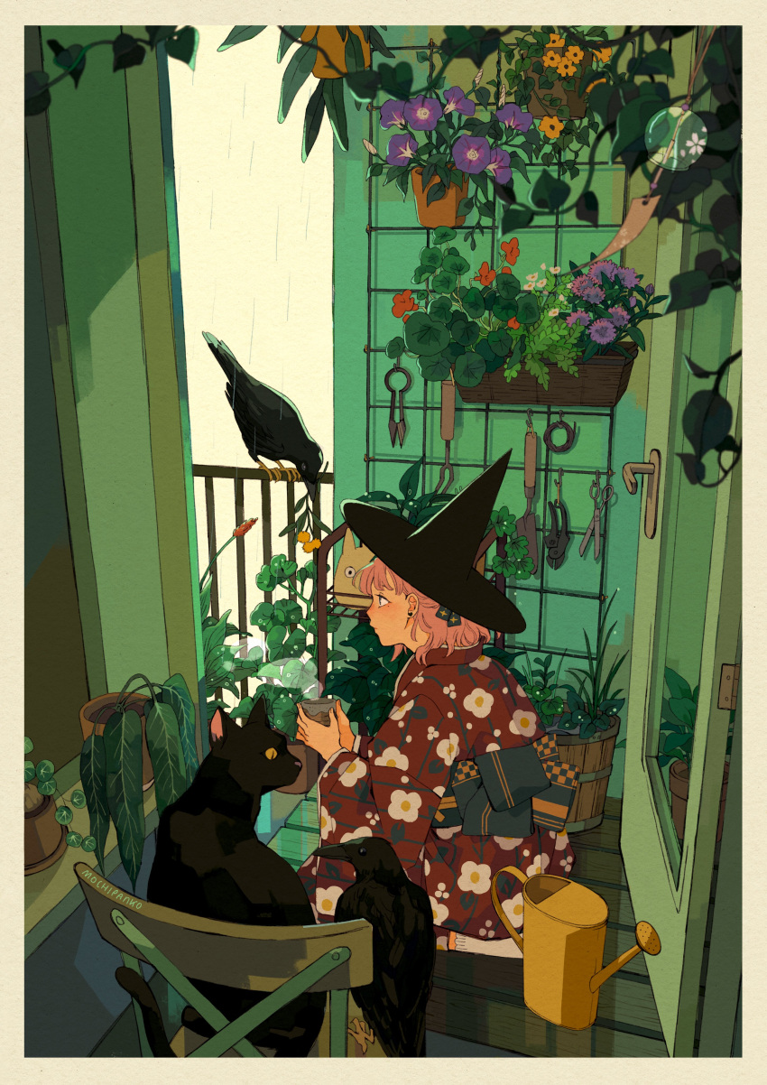 1girl absurdres back_bow bird black_cat black_hat blue_bow blue_ribbon border bow cat chair cloud cloudy_sky commentary crow cup drink english_commentary floral_print flower from_side full_body hair_ribbon hat highres holding holding_drink indoors japanese_clothes kimono kneeling long_sleeves medium_hair mochipanko obi open_door original pansy parted_lips pink_hair plant potted_plant purple_flower railing rain red_flower red_kimono red_sleeves ribbon sash scenery scissors shovel sky socks solo steam tile_wall tiles watering_can white_border white_flower white_socks wide_sleeves wind_chime witch witch_hat wooden_floor yellow_flower yukata yunomi
